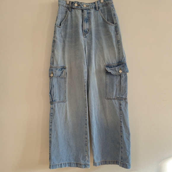 Y2K Cider Denim Cargo Jeans, Light Wash, Loose Fit Wide Leg,  Big Pocket inSz S - Picture 1 of 10
